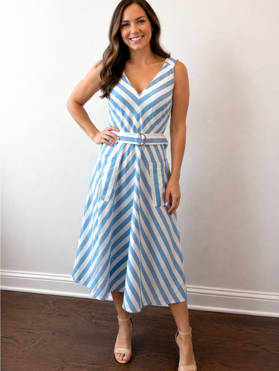 kate spade Dresses & Skirts - NWOT Kate Spade Blue and White Striped V-Neck Midi Dress